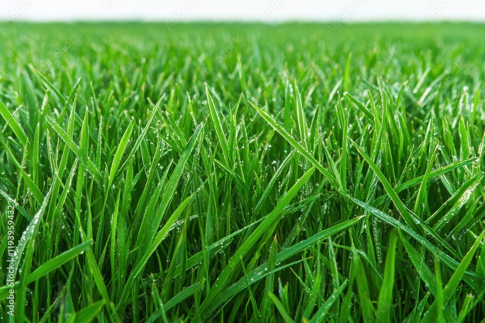 Obraz premium Lush green grass with dew drops, representing freshness and nature's beauty.