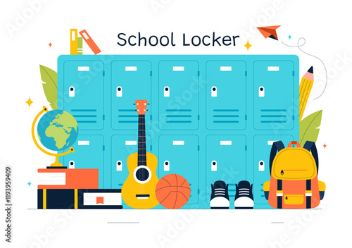 School Locker Room Vector Illustration Featuring Neatly Organized Student Storage with Books, School Supplies, Personal Items, and Accessories