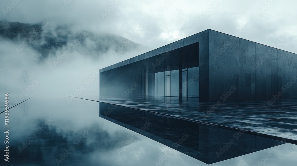 Fototapeta premium Modern architectural structure amidst foggy landscape.