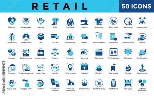 Retail icons set with maternity, party supplies, wedding, bridal, formalwear ,tailoring, alterations, shoes repair, watch repair icon. Simple flat vector 
