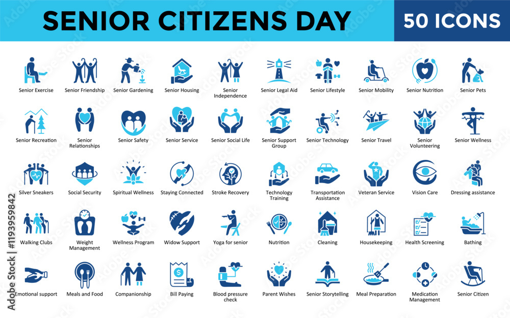 Senior Citizens Day icons set with senior exercise, senior friendship, senior gardening, senior housing, senior independence, senior legal aid, senior lifestyle icon. Simple flat vector 
