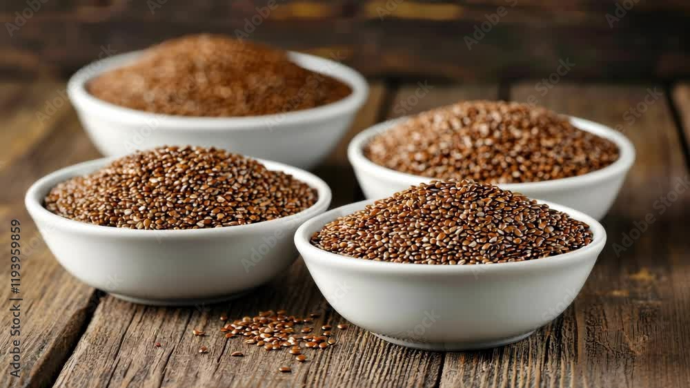 Various bowls filled with brown seeds on a rustic wooden table in a kitchen setting, highlighting their natural texture and color Various bowls filled with brown seeds on a rustic wooden table in a kitchen setting, highlighting their natural texture and color