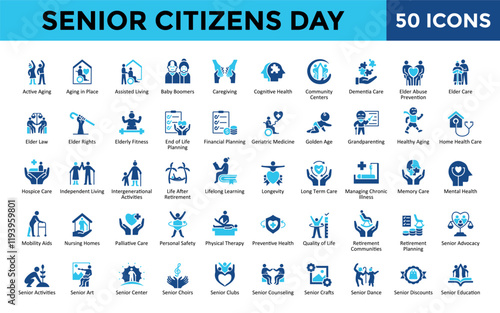 Senior Citizens Day icons set with active aging, aging in place, assisted living, baby boomers, caregiving, cognitive health, community centers, dementia care icon. Simple flat vector 
