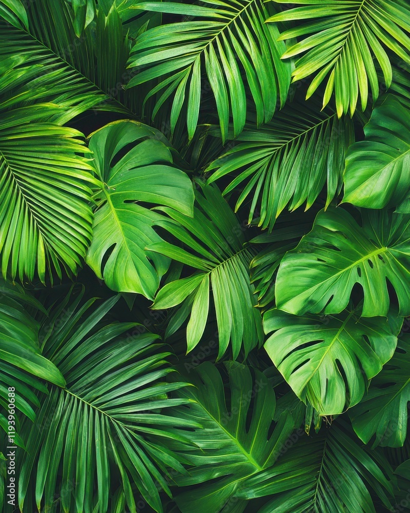 Lush green tropical leaves create a vibrant, textured background full of life. Lush green tropical leaves create a vibrant, textured background full of life.