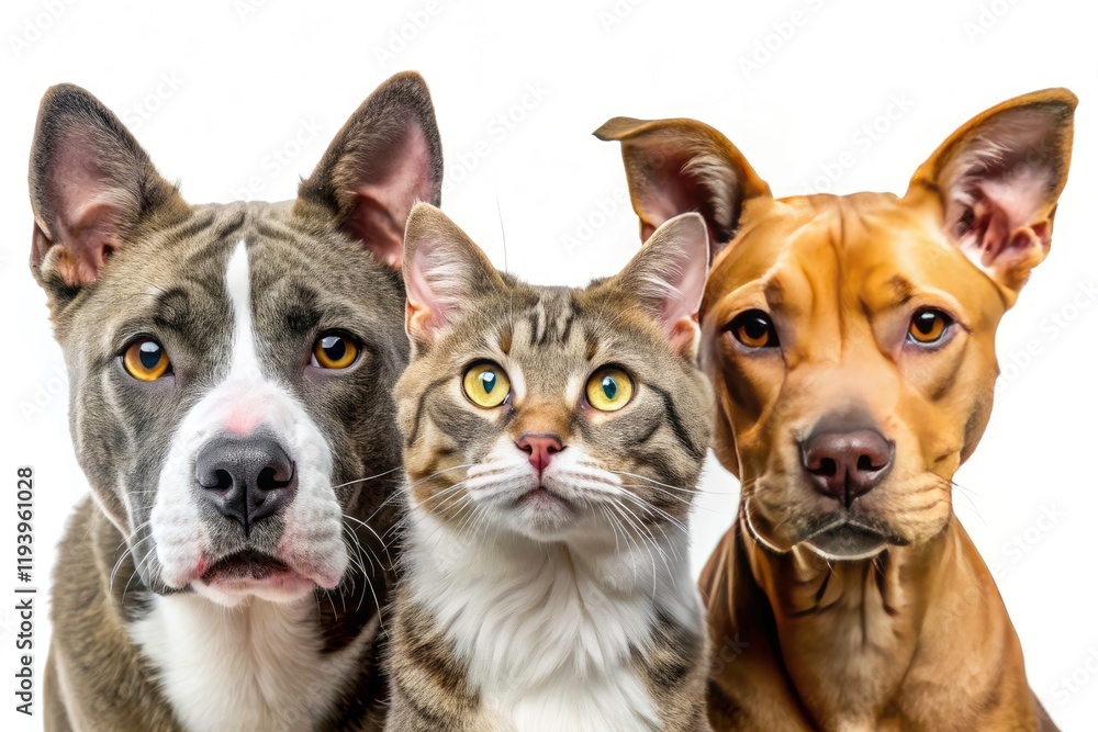 Obraz premium Pit Bull & Cats Closeup Portrait, Drone Photography, White Background, Studio Shot, Pet Photography, Animal Portrait