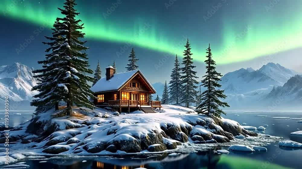 Secluded Winter Cabin on a Snowy Island Under the Aurora Borealis Secluded Winter Cabin on a Snowy Island Under the Aurora Borealis