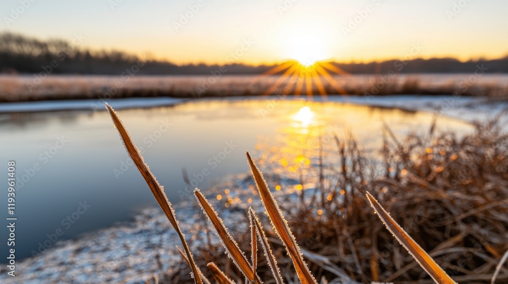 Serene sunrise over a frozen pond, with frost-covered grass in the foreground. Serene sunrise over a frozen pond, with frost-covered grass in the foreground.