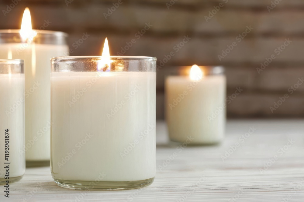 Cozy scene with lit candles in glass holders on a wooden table. Cozy scene with lit candles in glass holders on a wooden table.