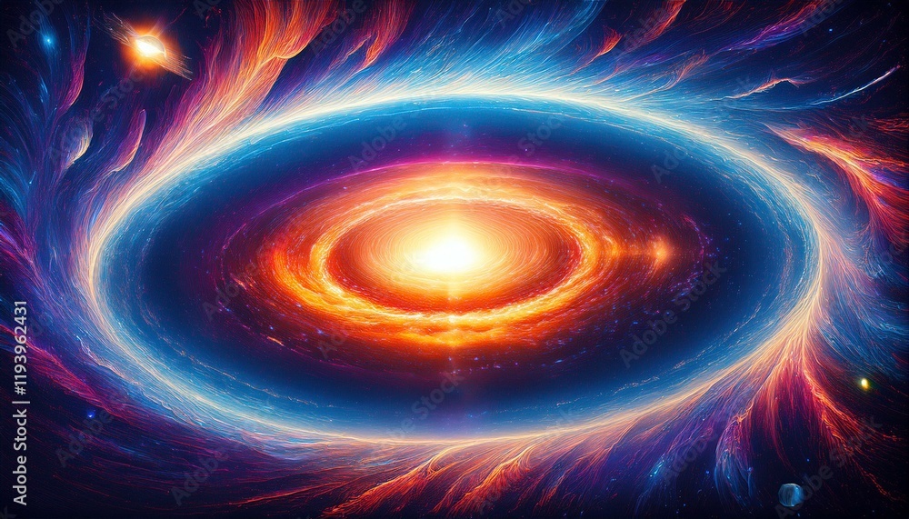 Vibrant cosmic swirl of blues, oranges, and purples. A fiery core radiates energy. Vibrant cosmic swirl of blues, oranges, and purples. A fiery core radiates energy.