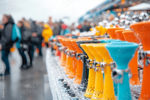 A stack of vuvuzelas in various colors on display at a stadium entrance, with fans walking past in the background photo