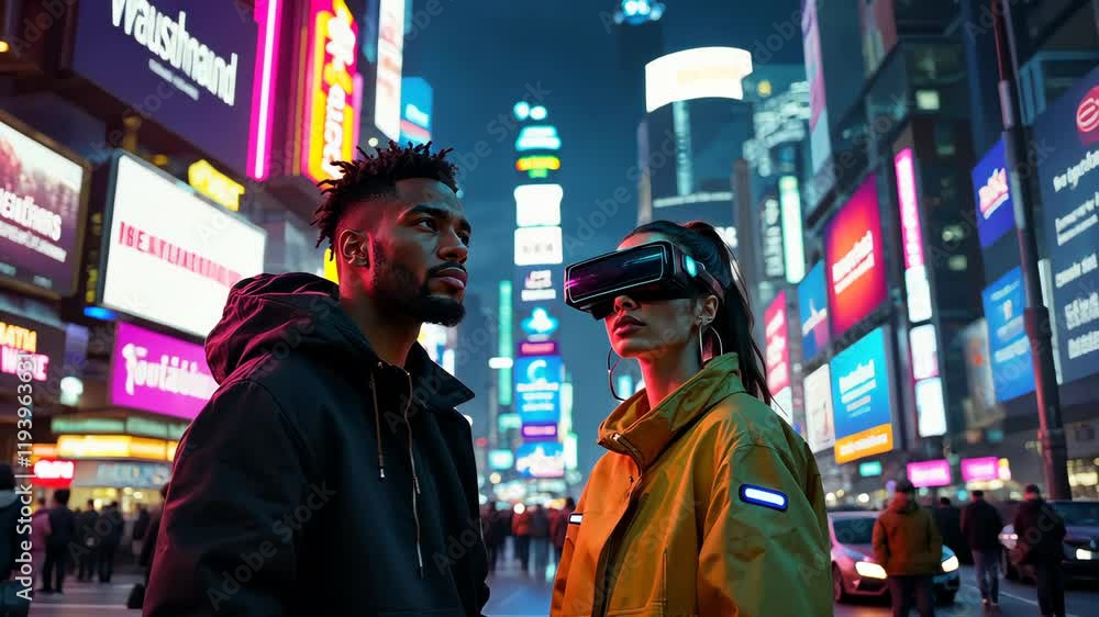 Virtual Reality in Times Square: A young couple explores the vibrant, neon-drenched streets of Times Square, with one wearing a futuristic VR headset. Virtual Reality in Times Square: A young couple explores the vibrant, neon-drenched streets of Times Square, with one wearing a futuristic VR headset.