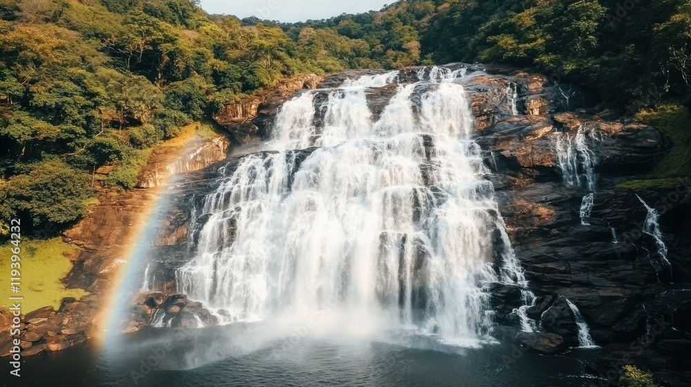 Fototapeta premium Majestic waterfall cascading down rocks with a vibrant rainbow above, surrounded by lush greenery.
