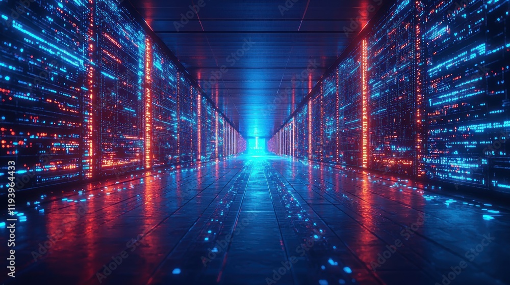 Fototapeta premium Neon Glowing Data Corridor: A Digital World's Enigma