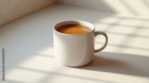 White Ceramic Coffee Mug on Table with Soft Morning Light and Shadow Play Creating a Cozy Atmosphere for Relaxation or Morning Routine Photography