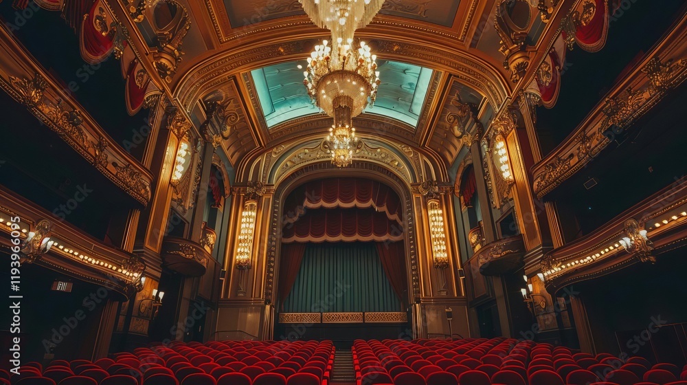 Obraz premium A grand theater interior featuring ornate architecture, a chandelier, and red seating facing the stage.