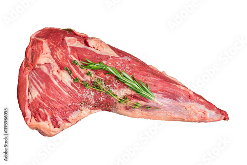 Beef Tri-Tip Isolated on a Transparent Background: Bottom sirloin butt roast with sprigs of rosemary and thyme, kosher salt, and ground black pepper