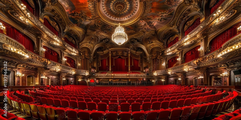 Obraz premium A grand theater interior showcasing ornate architecture and vibrant red seating.