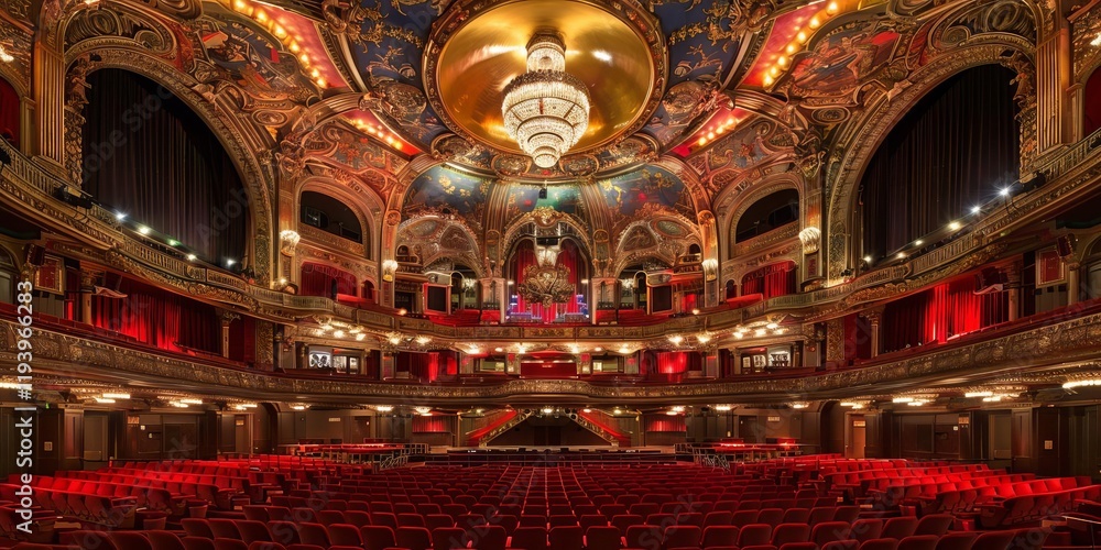 Obraz premium A grand theater interior showcasing ornate architecture and seating arrangements for performances.
