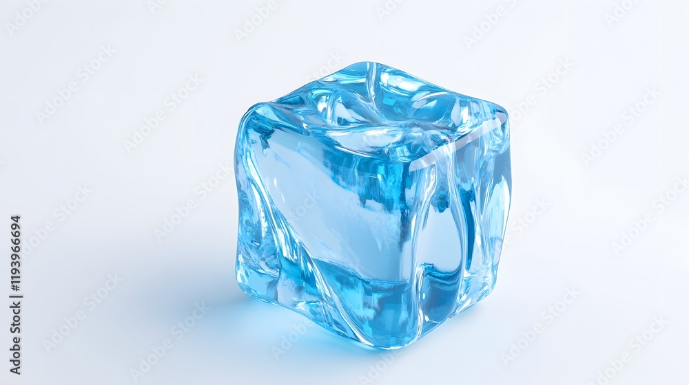 A single translucent blue ice cube rests on a white background A single translucent blue ice cube rests on a white background