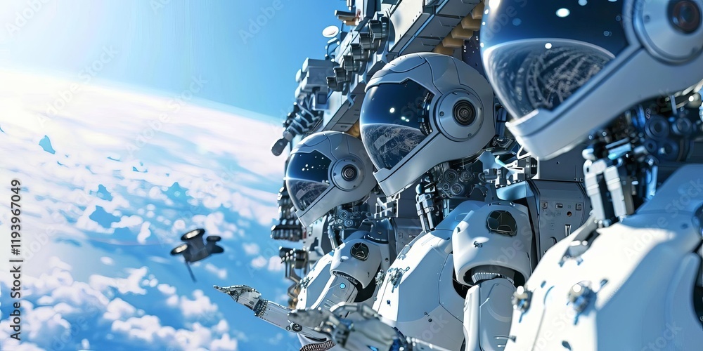 Fototapeta premium A group of futuristic robots in space, observing their surroundings with advanced technology.