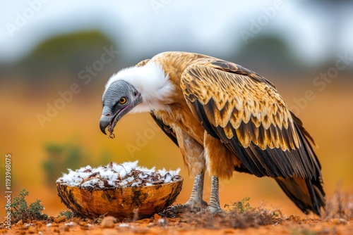 A vulture feeding on carrion in the wild, surrounded by barren, rocky terrain and a hot sun overhead photo