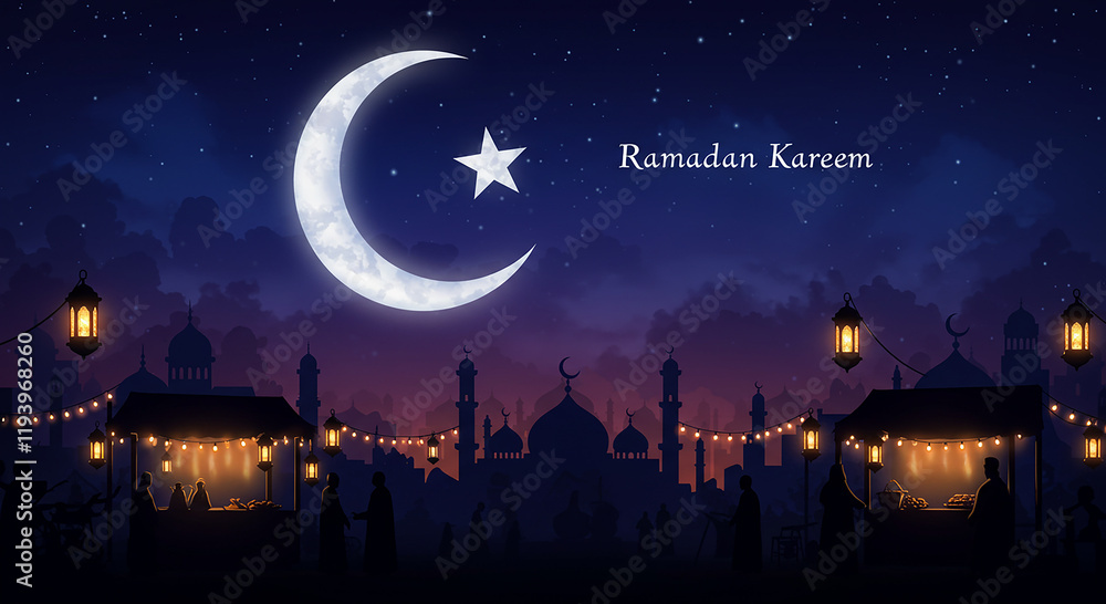 Naklejka premium Ramadan Kareem Night Scene Crescent Moon Mosques and Festive Market Stalls