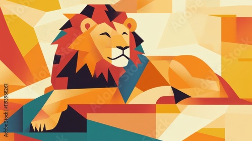 Colorful Geometric Lion Illustration with Abstract Shapes and Bright Colors for Use in Creative Projects and Nature-Themed Designs photo