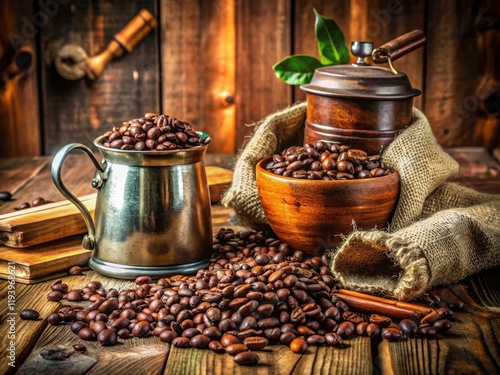 Rustic Coffee Setup with Canister, Beans, and Burlap on a Wood Table - Cozy, Inviting, and Perfect for Coffee Lovers photo