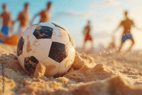 A vuvuzela lying in the sand during a beach soccer match, with players kicking the ball in the background