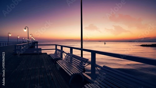 Tranquil Ocean Pier at Dusk with Warm Streetlamp Glow, Vibrant Orange and Purple Sky Reflections, and Peaceful Evening Ambiance