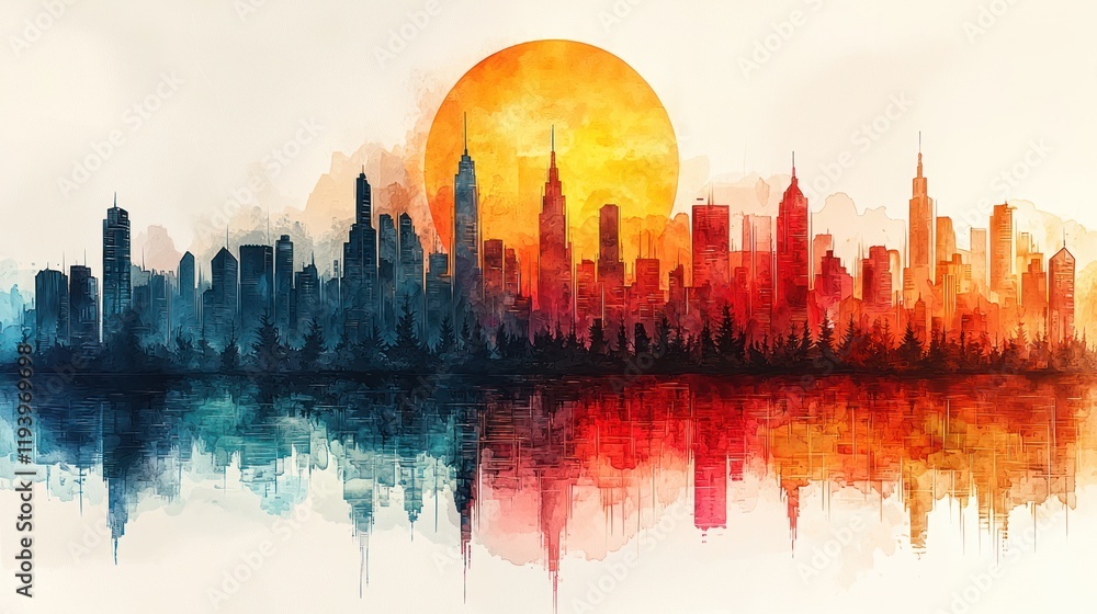 Obraz premium Vibrant city skyline at sunset with reflection.