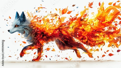 Fiery fox running, autumn leaves, abstract art. photo