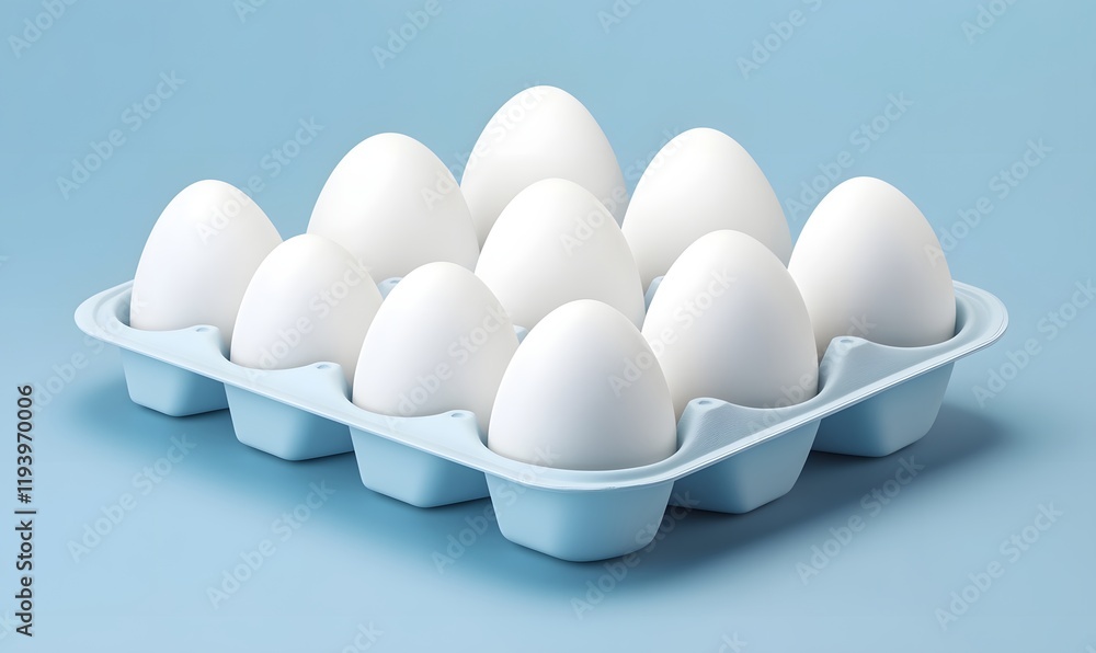 Eight white eggs in a light blue carton on a light blue background. (1) Eight white eggs in a light blue carton on a light blue background. (1)