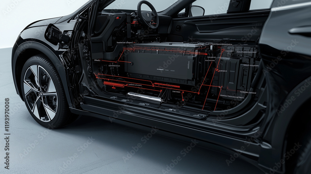 A technical cutaway rendering of an EV showing the placement of the lithium-ion battery pack beneath the floor A technical cutaway rendering of an EV showing the placement of the lithium-ion battery pack beneath the floor