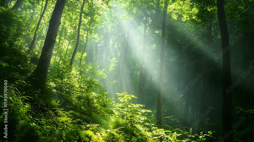 Obraz premium Sunbeams Illuminate Lush Green Forest Canopy
