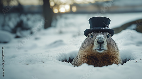 ground hog wearing a top hat peaking out from a hole in a snowy landscape