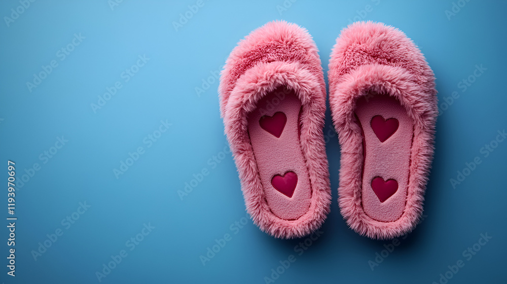 a pair of fluffy slippers with heart designs isolated on sky blue background a pair of fluffy slippers with heart designs isolated on sky blue background