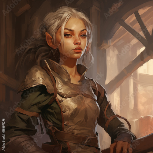 Portrait of a female gnome in a tavern from a fantasy world.