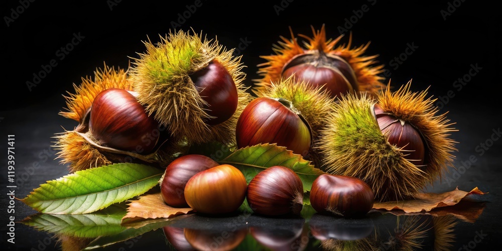 Stunning Long Exposure Chestnut Fruits in Photorealism on Black Background, Capturing Nature's Beauty and Texture in Detail for Culinary and Botanical Imagery Stunning Long Exposure Chestnut Fruits in Photorealism on Black Background, Capturing Nature's Beauty and Texture in Detail for Culinary and Botanical Imagery