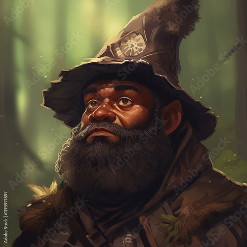 Portrait of a dark-complexion male gnome in a forest from a fantasy world.	