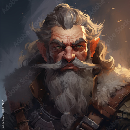 Portrait of a grey-haired male gnome warrior in a tavern from a fantasy world.
