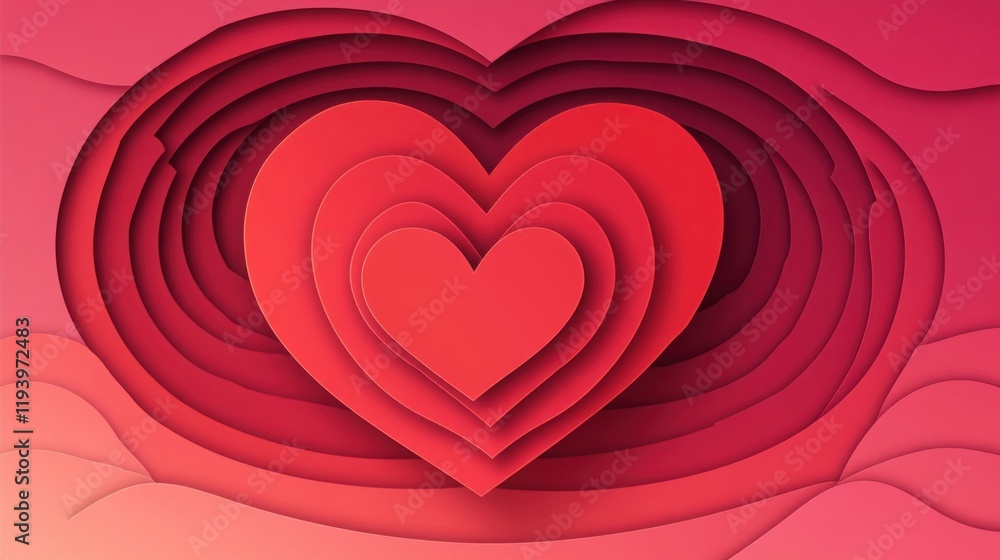 Cascading paper cut heart patterns on a Valentine's Day card, set against a romantic pink gradient backdrop. Cascading paper cut heart patterns on a Valentine's Day card, set against a romantic pink gradient backdrop.