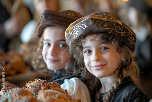 festive purim celebration, kids in esther and mordechai costumes, the air scented with pastries, and joyful noise makers at a lively purim celebration photo