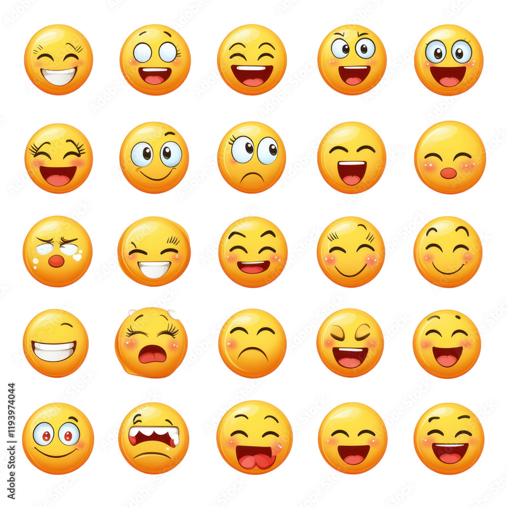 Happy emojis expressing various emotions like joy, surprise, and sadness, perfect for conveying feelings in digital communication Happy emojis expressing various emotions like joy, surprise, and sadness, perfect for conveying feelings in digital communication
