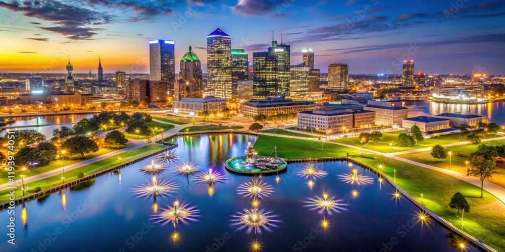 Fototapeta premium Stunning Aerial View of Urban Skyline and Lake at Twilight