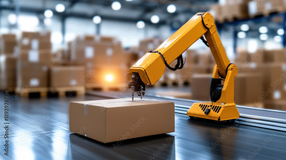 Fototapeta premium Automated robotic arm sorting cargo in modern warehouse environment