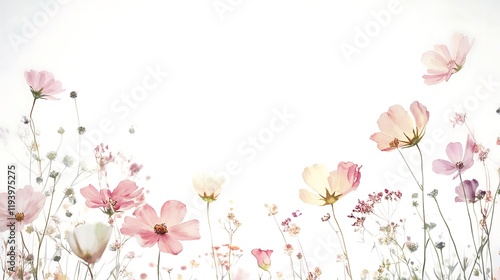 Delicate Pink Cosmos Flowers In A White Background