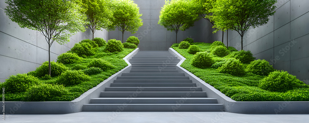Fototapeta premium Green stairway, urban oasis, concrete walls