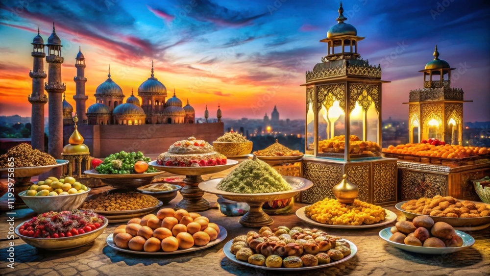 Obraz premium Exotic Middle Eastern Feast with Colorful Dishes at Sunset