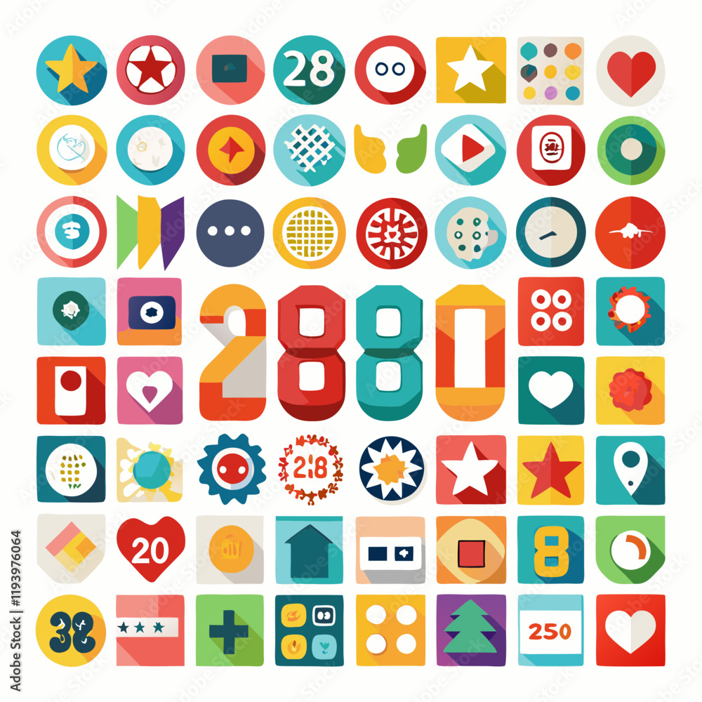 A collection of 280 colorful, flat icons arranged in a grid with white background A collection of 280 colorful, flat icons arranged in a grid with white background